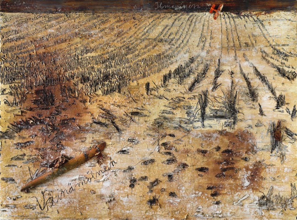 Anselm Kiefer, Väinämöinen Ilmarinen, 2018, emulsio, öljyväri, akryyliväri, sellakka, köysi ja lyijy kankaalle, 280 x 380 cm, copyright: Ⓒ Anselm Kiefer.