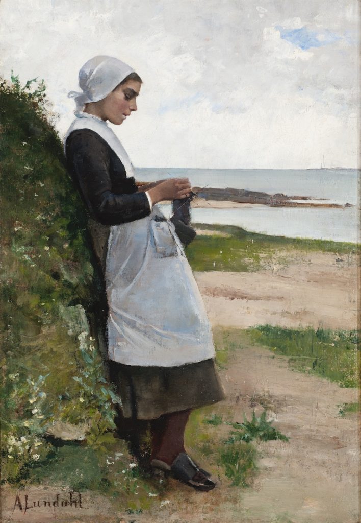 Amelie Lundahl Bretagnelainen tyttö (Sukkien kutoja), 1883, öljyväri kankaalle, Gösta Serlachiuksen taidesäätiö. Kuva: Vesa Aaltonen.