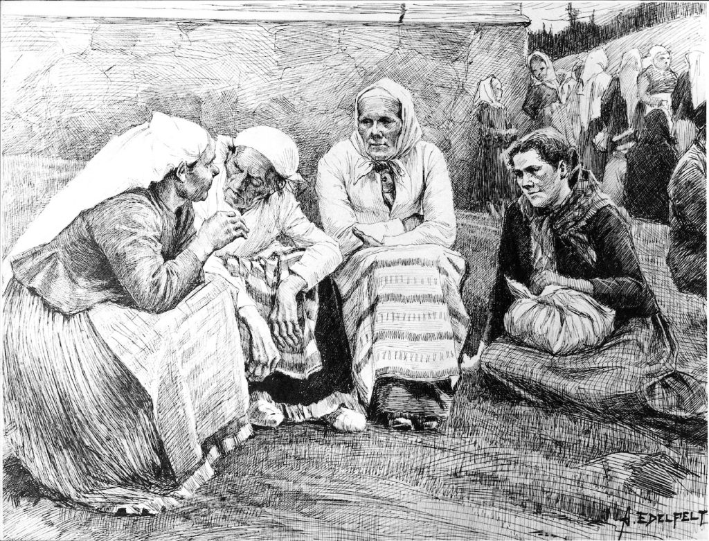 Piirroksessa neljä eukkoa kirkon kulmalla keskustelemassa.