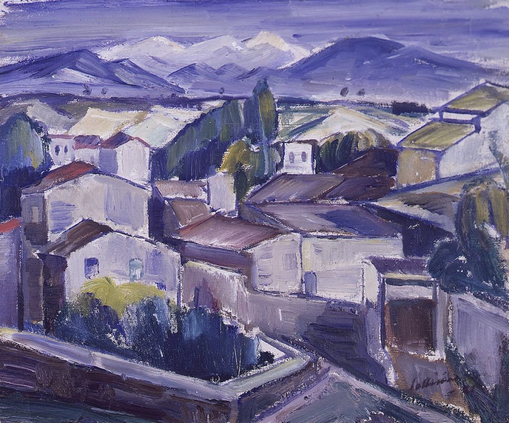 Violetin sävyinen geometrinen kaupunkimaalaus.