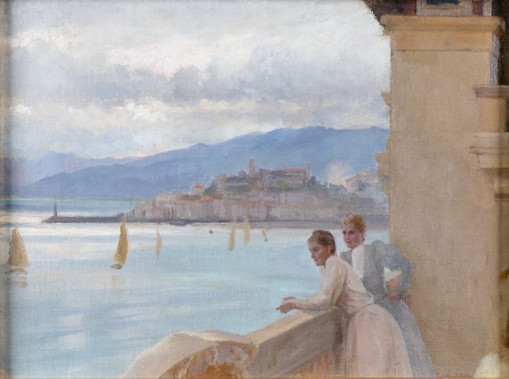 Maalauksessa oikeassa laidassa kaksi mekkoihin pukeutunutta naista katselee merta terassilta.