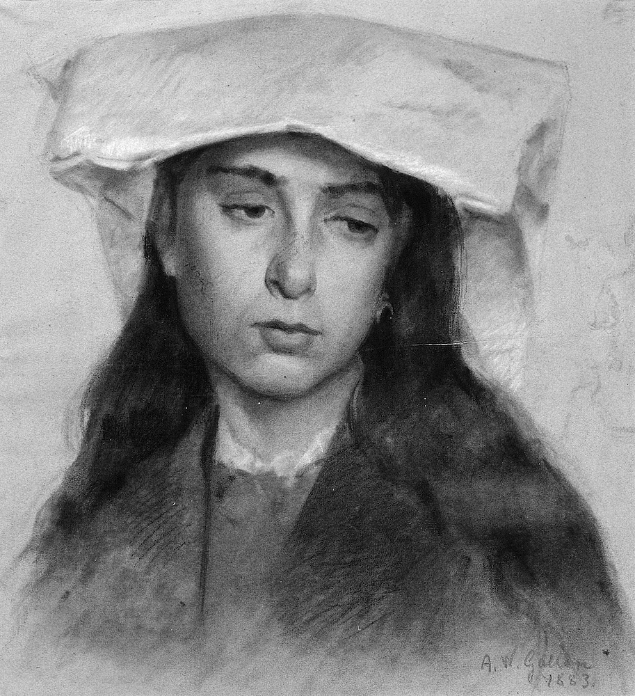 Liitupiirustus tummatukkaisen tytön päästä.