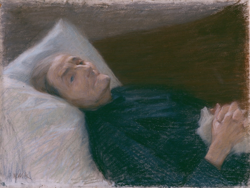 Vanha nainen makaa kädet ristissä.