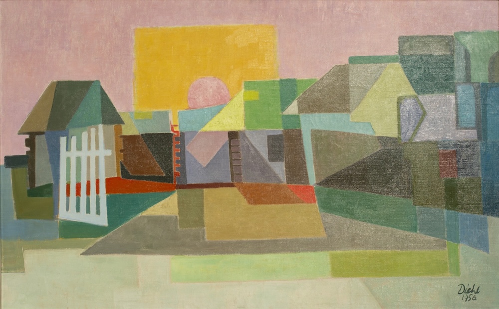 Maalaus, jossa värikkäitä geometrisiä kuvioita.