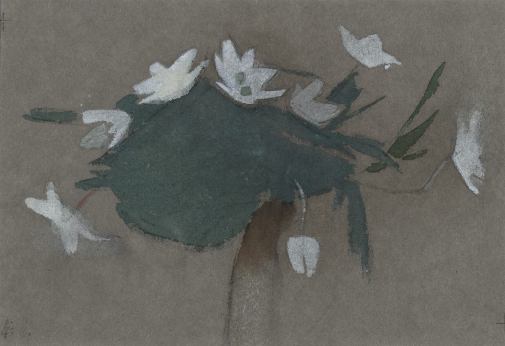 Guassi ja lyijykynä teoksessa on hahmoteltu valkovuokkokimppu.