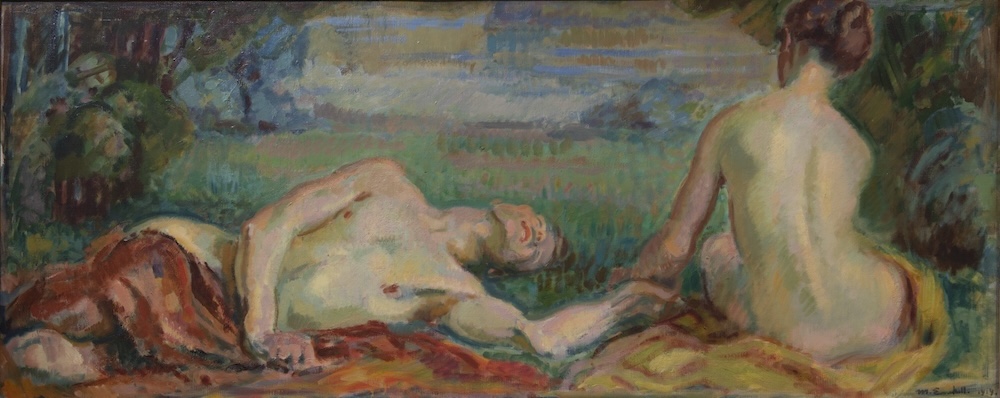 Maalaus, jossa nurmella makaava mies pitää naista kädestä. Molemmat ovat yläosa paljaana ja nainen selin istualteen.