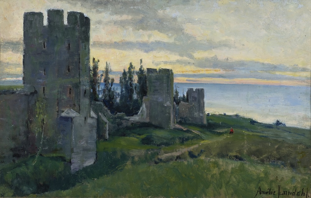 Maalaus harmaista linnan raunioista veden ääressä.