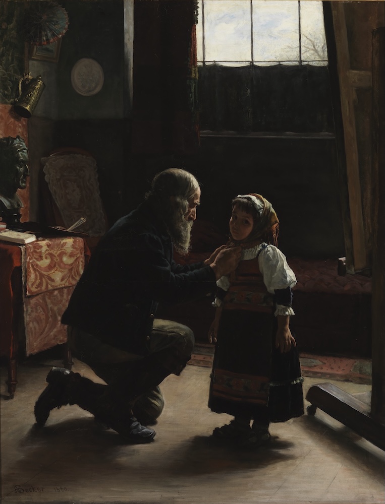 Maalauksessa vanhempi mies laittaa pikkutytölle huivia tummassa huoneessa.