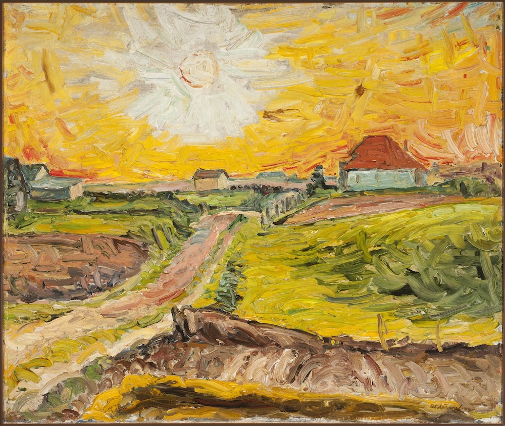 Värikkäässä maalauksessa aurinko, tietä ja talo.