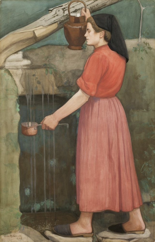 Maalauksessa nainen ottaa vettä lähteestä.