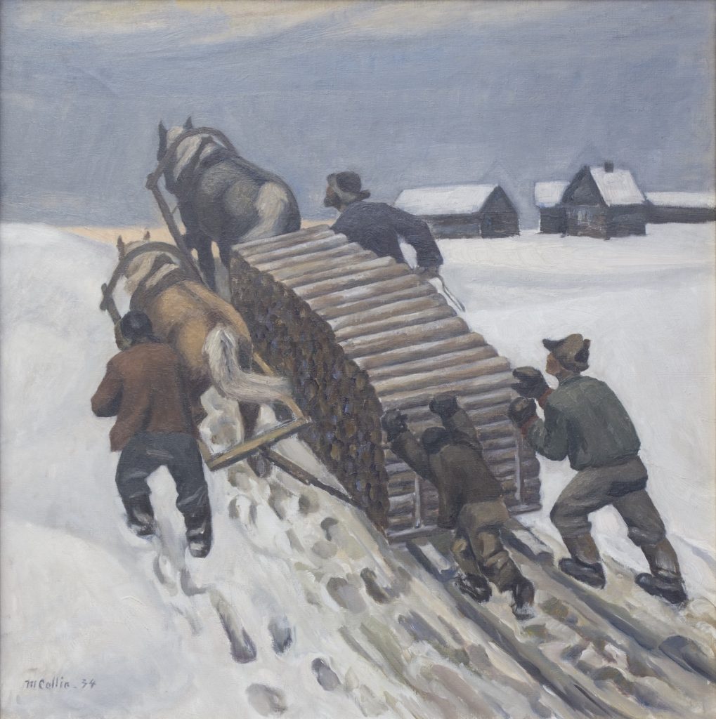 Marcus Collin, Puutavaran kuljetus, 1934, öljyväri kankaalle, Gösta Serlachiuksen taidesäätiö. Kuva: Teemu Källi.