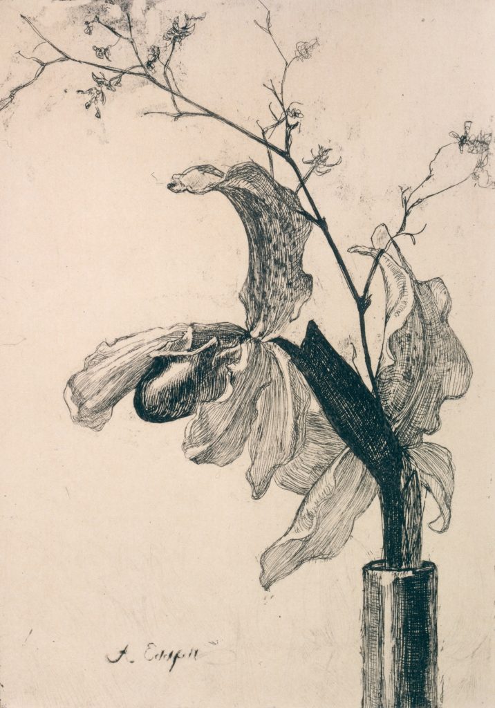 Albert Edelfelt, Orkidea maljakossa, 1901, viivasyövytys, Gösta Serlachiuksen taidesäätiö. Kuva: Tomi Aho.