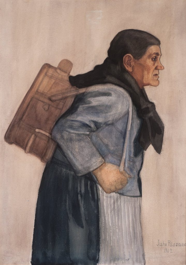 Juho Rissanen, Eukko maitolekkeri selässään, 1902, akvarelli ja lyijykynä paperille, Gösta Serlachiuksen taidesäätiö. Kuva: Vesa Aaltonen