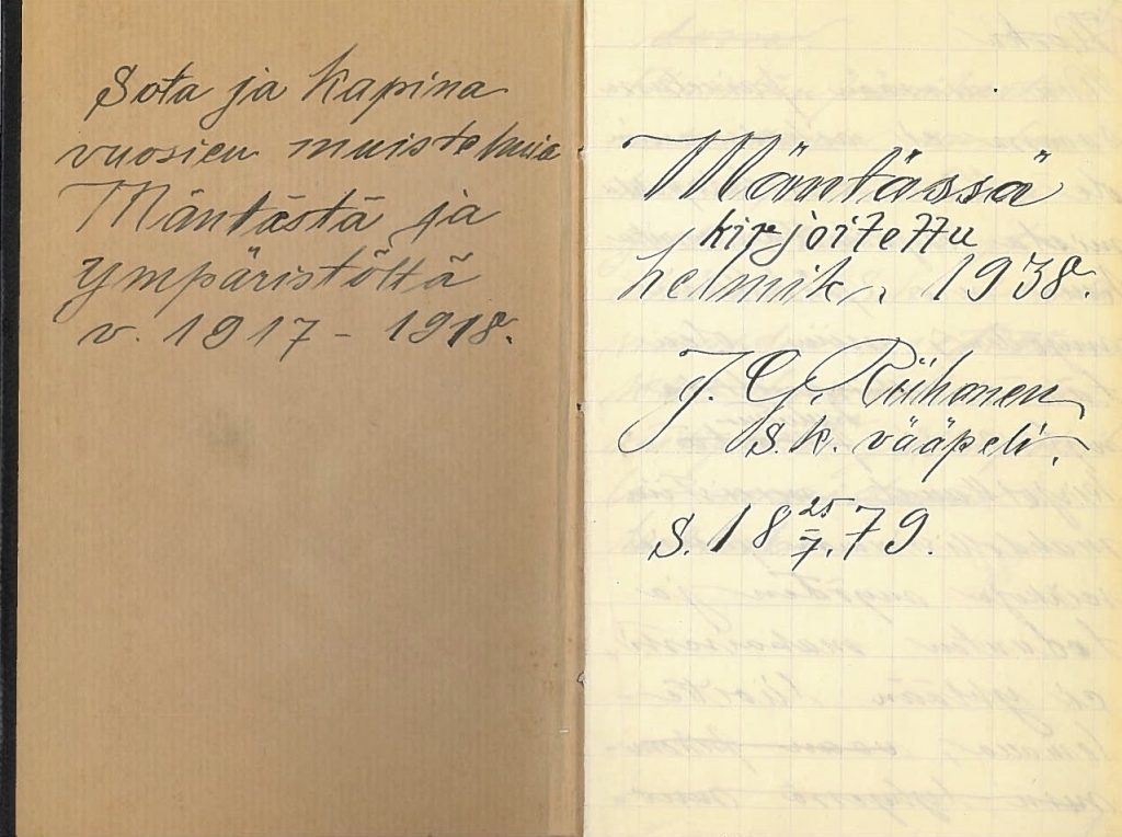 First page of the memories of J. G. Riihonen from the years 1917–1918. Archive of Mänttä Association / Serlachius Museums' archives.