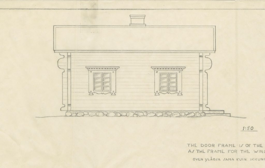 Drawings of a Finnish sauna for Nonington College in England. Serlachius Museums' archives.