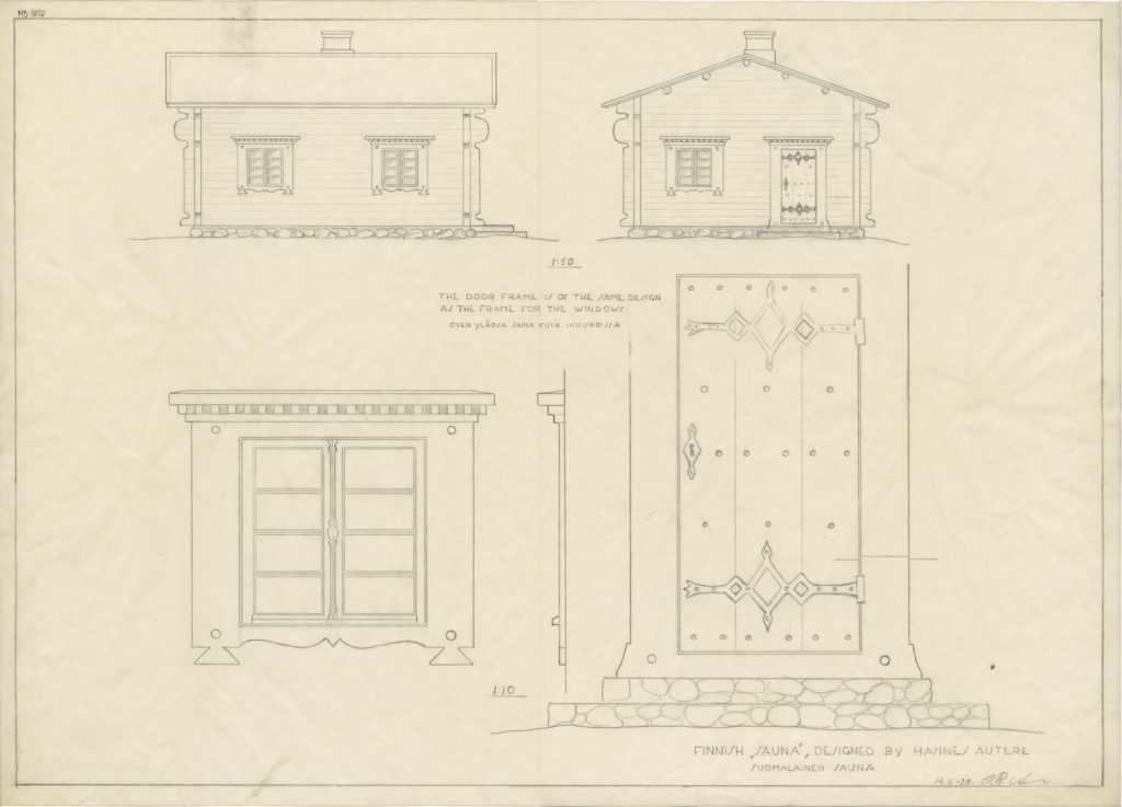 Drawings of a Finnish sauna for Nonington College in England. Serlachius Museums' archives.