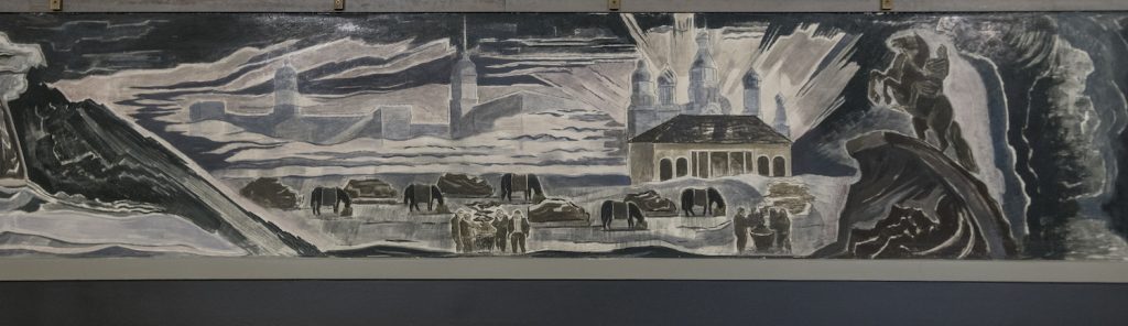 Lennart Segerstråle, Mäntän syntyhistoria, friisi Serlachius-museo Gustafin aulaa kiertävässä parvekkeessa,  28 x 0,8 m, 1937, stucco lustro. Kuvat: Sampo Linkoneva.
