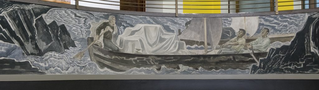 Lennart Segerstråle, Mäntän syntyhistoria, friisi Serlachius-museo Gustafin aulaa kiertävässä parvekkeessa,  28 x 0,8 m, 1937, stucco lustro. Kuvat: Sampo Linkoneva.