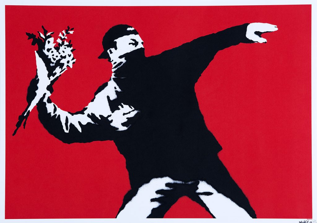 Banksy, Love Is in the Air, 2003, serigrafia, yksityiskokoelma. Kuva: 24 Ore Cultura.