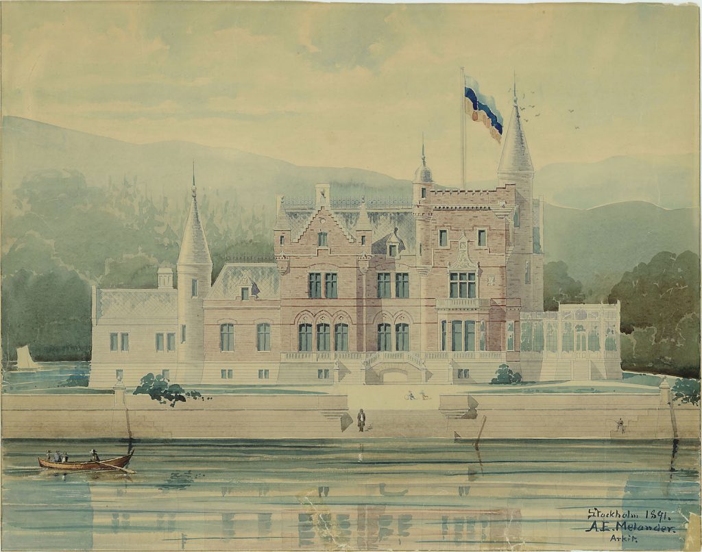  Fasadritning till Mänttä slott från är 1891. Serlachiusmuseers ritningsarkiv. 