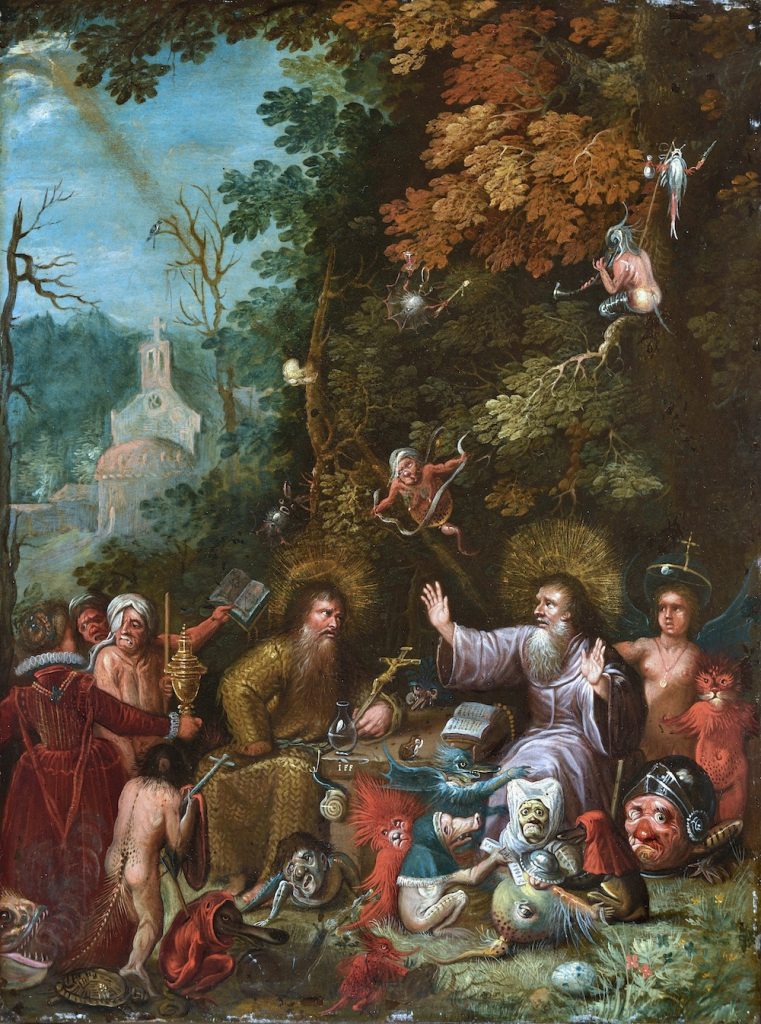 Jan de Wellens Cock, Pyhän Antoniuksen ja Pauluksen kiusaus, 1500-luku, öljyväri kuparille, Gösta Serlachiuksen taidesäätiö. Kuva: Hannu Miettinen