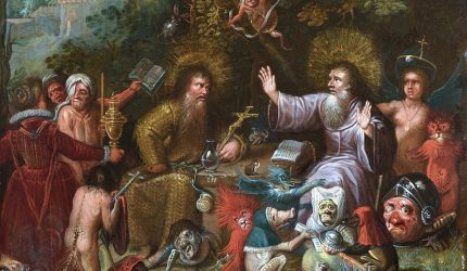 Jan de Wellens Cock, Pyhän Antoniuksen ja Pauluksen kiusaus, osakuva teoksesta, 1500-luku, öljyväri kuparille, Gösta Serlachiuksen taidesäätiö. Kuva: Hannu Miettinen