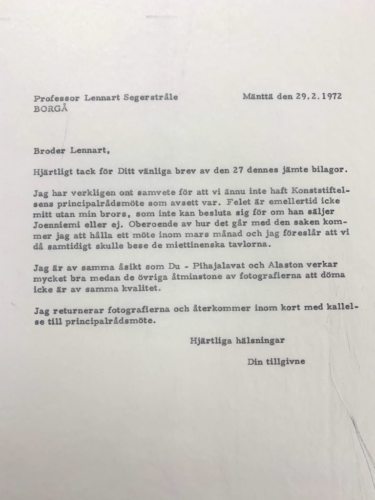 R. Erik Serlchiuksen kirje Lennart Segerstrålelle 29.2.1972. Serlachius-museoiden arkisto.