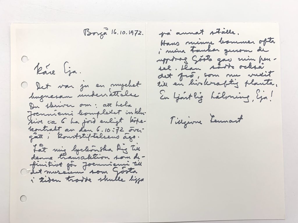 Lennart Segerstrålen kirje R. Erik Serlachiukselle 16.10.1972. Serlachius-museoiden arkistot.