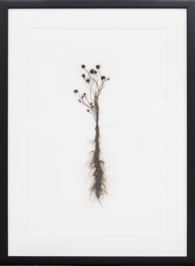 Attached on a white paper base, a delicate plant-like item consisting of a blossom, stem and roots constructed from human hair.
