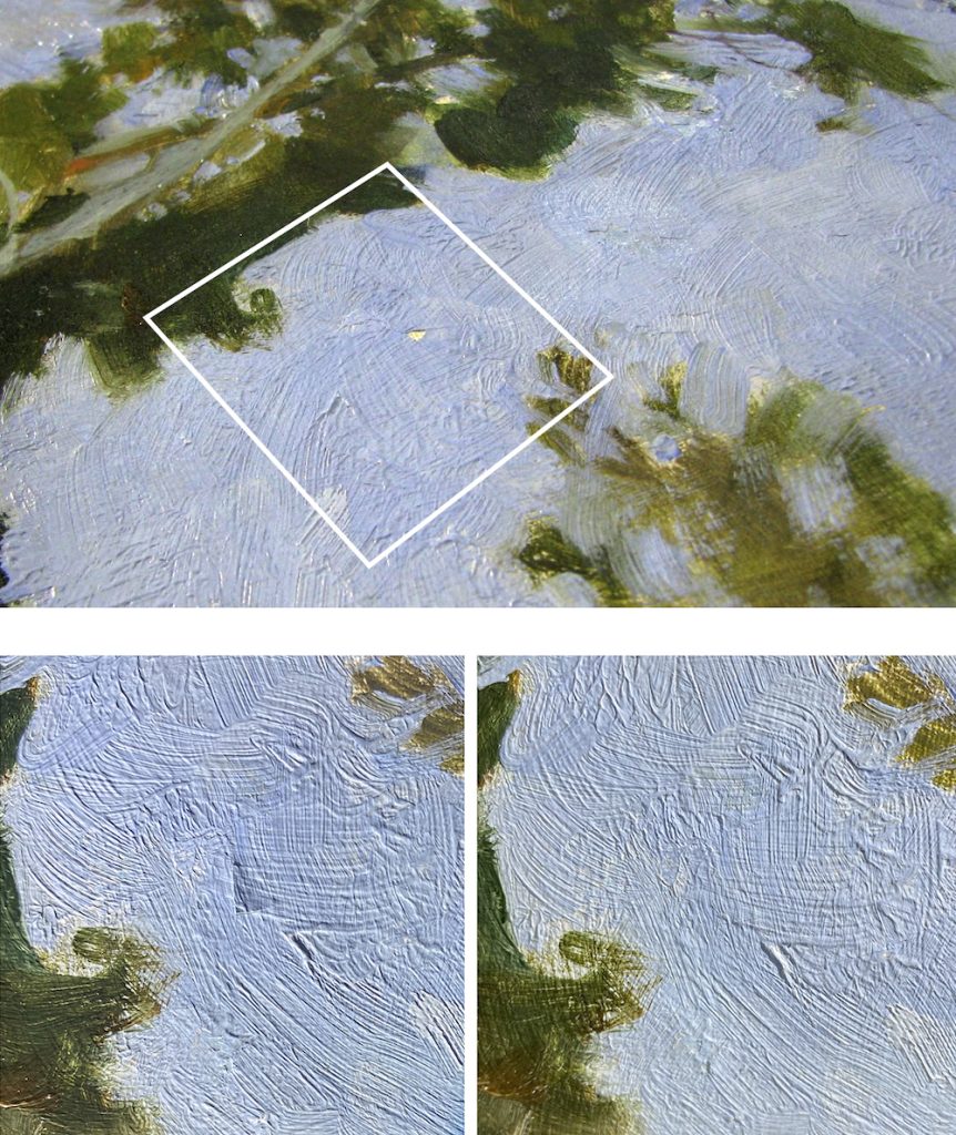 Three close-up photographs show where small flakes of paint are missing from the surface of the painting and how it has been conservated so that the paint loss cannot be detected.
