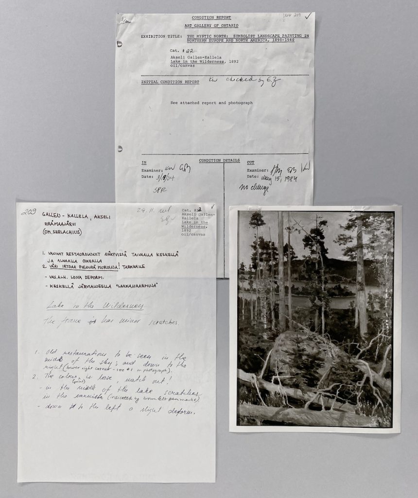 Condition report of the artwork consists of two white papers sheets with text and a black and white photo of the artwork.