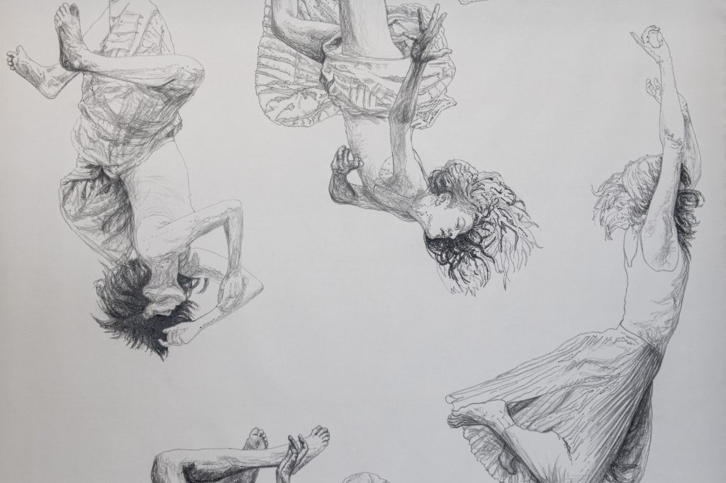 Vappu Rossi, Off Gravity (osakuva), 2023, nerostick ja taiteilijapigmenttimaalikynä kankaalle, taiteilijan omistuksessa. Kuva: Sampo Linkoneva