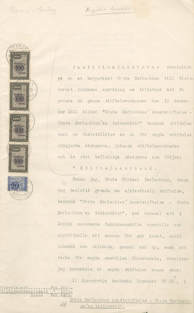 Gösta Serlachiuksen taidesäätiön säädekirja vuodelta 1933. Serlachius-museoiden arkistokokoelmat.