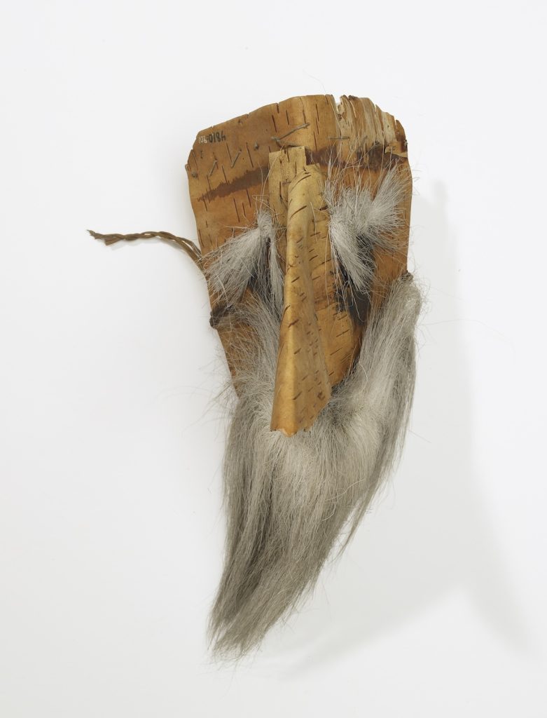 Bark mask, Mansi people Siberia, Russia, birch bark, birch, reindeer fur. Courtesy of the National Museum of Finland.
