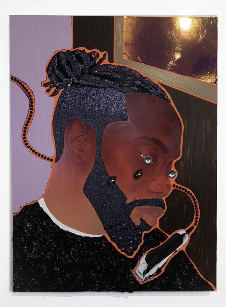 Devan Shimoyama, Bryant, 2023, Oil, color pencil, Flashe, rhinestones, acrylic, collage, jewelry, and glitter on canvas stretched over panel. Courtesy the Artist and Kavi Gupta.