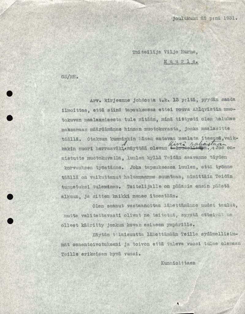 Bergsrådet Gösta Serlachius brev till konstnär Viljo Hurme från den 22.12.1931, Serlachius, arkivsamlingar.