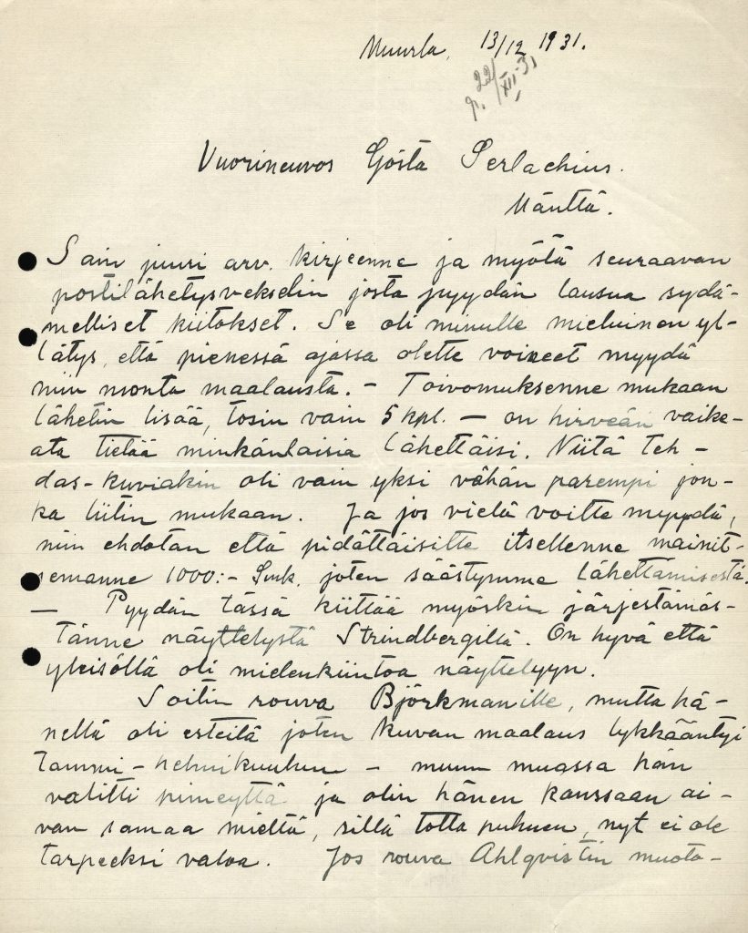 Konstnär Viljo Hurmes brev ti bergsrådet Gösta Serlachius från den 13.12.1931. Serlachius, arkivsamlingar.