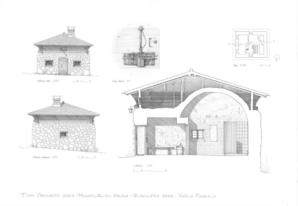 Huhkojärven sauna. Piirros: Venla Saarela