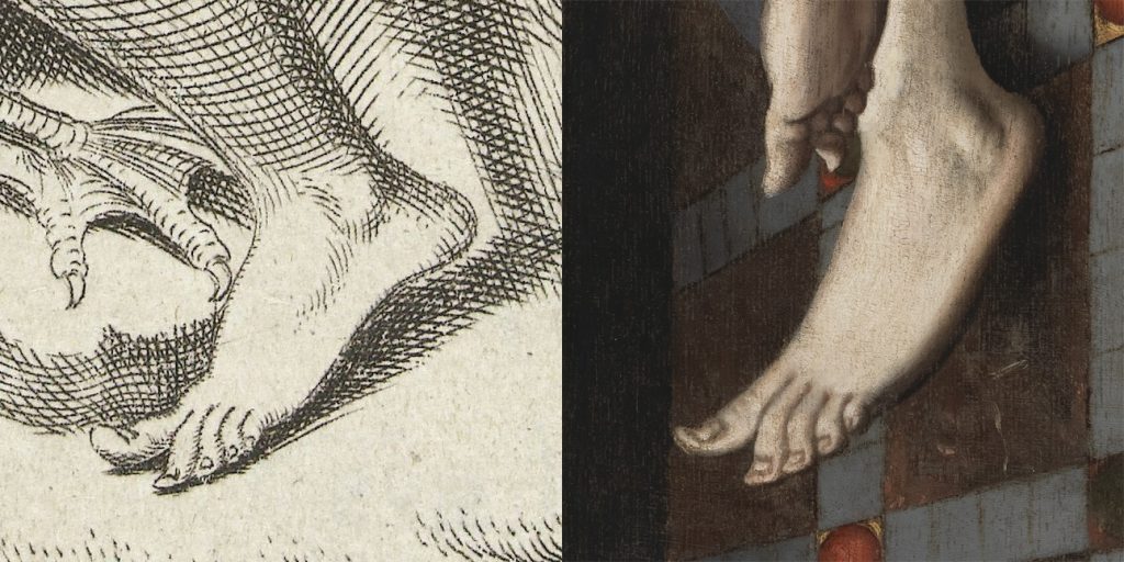 A detail from two different works depicting a foot of a person.