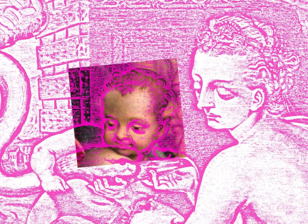 Leda and the Swan from the Serlachius collection has been edited to bright pink and underneath it is positioned an image of a young child forming part of the altarpiece The Holy Family by the Flemish master Michiel Coxcie. The figures seem to remind one another.