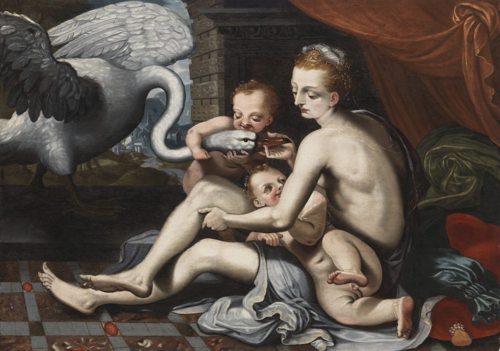 Two putto-like little boys are playing on the lap of their long-legged mother who is sitting on the floor along with a long-necked a swan who sticks its beak towards the half-naked white skinned trio. 