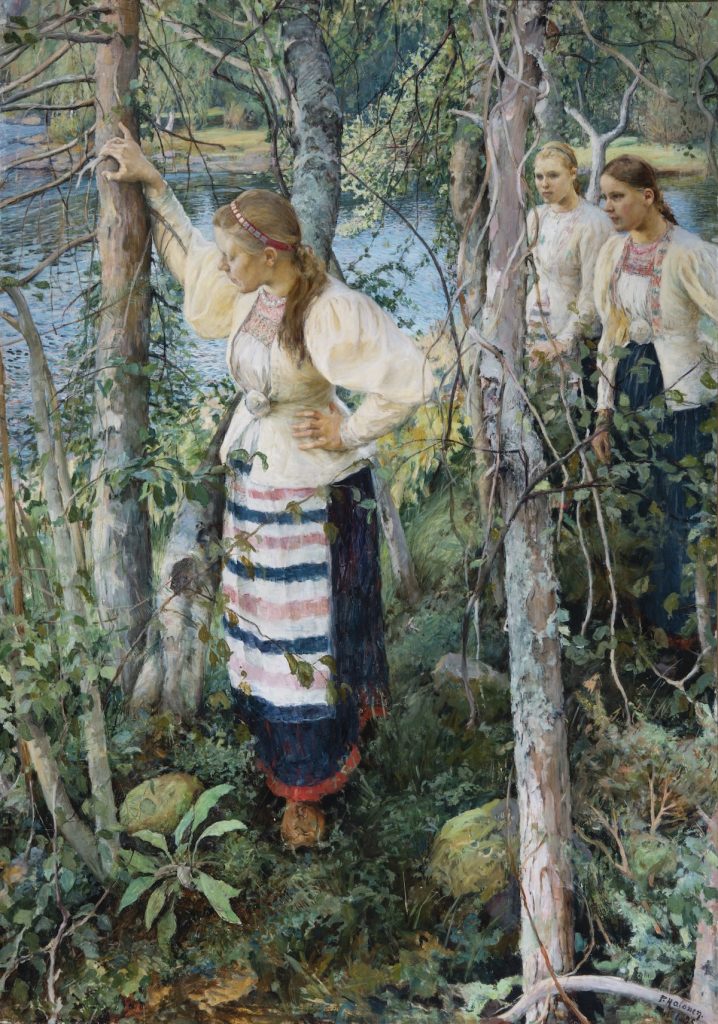 Maalauksessa kansallispukuiset naiset seisovat puiden keskellä.