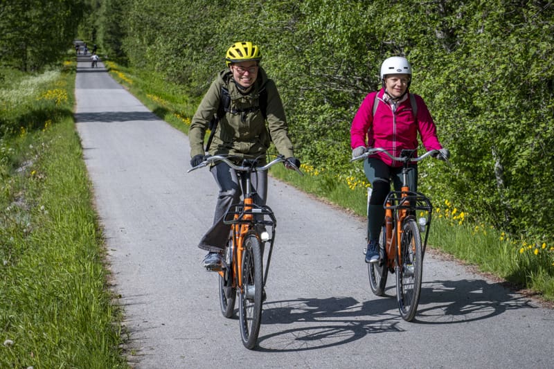 Kaksi pyöräilijää kesäisellä pyörätiellä.