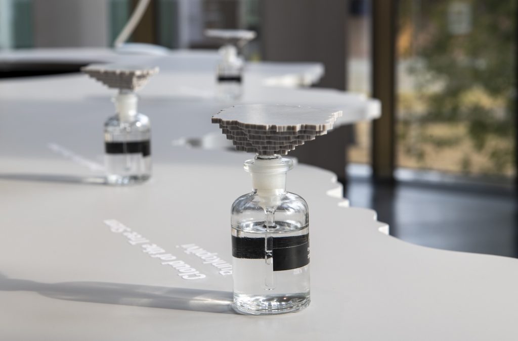 Agnes Meyer-Brandis, One Tree ID – Bucida buceras, 2019/2025, tree, perfumes, measuring equipment, cloud furniture (detail of the work). Photo: Serlachius, Sampo Linkoneva