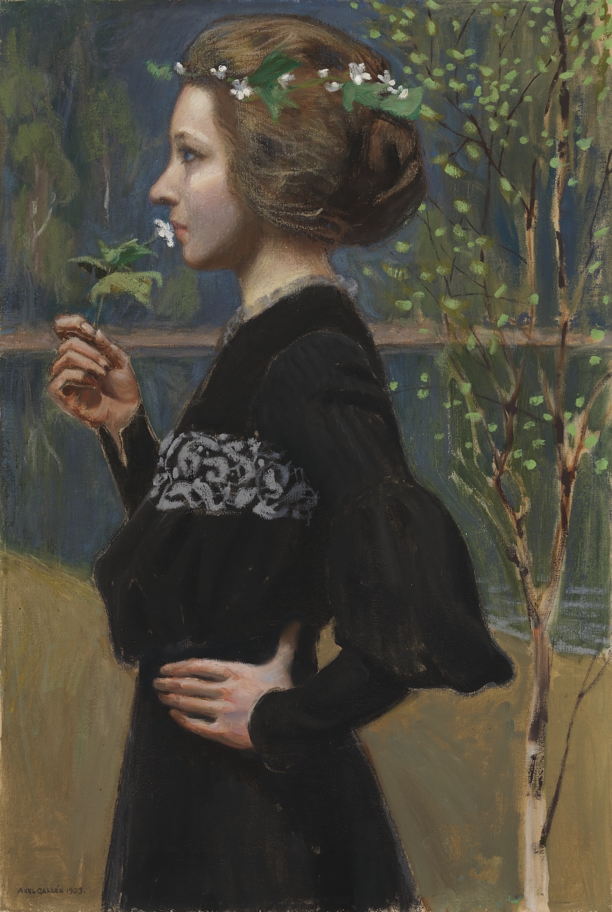 Akseli Gallen-Kallelan teoskuvassa mustaan pukuun pukeutunut kaunis tyttö sivuprofiilissa haistaa kukkasta.
