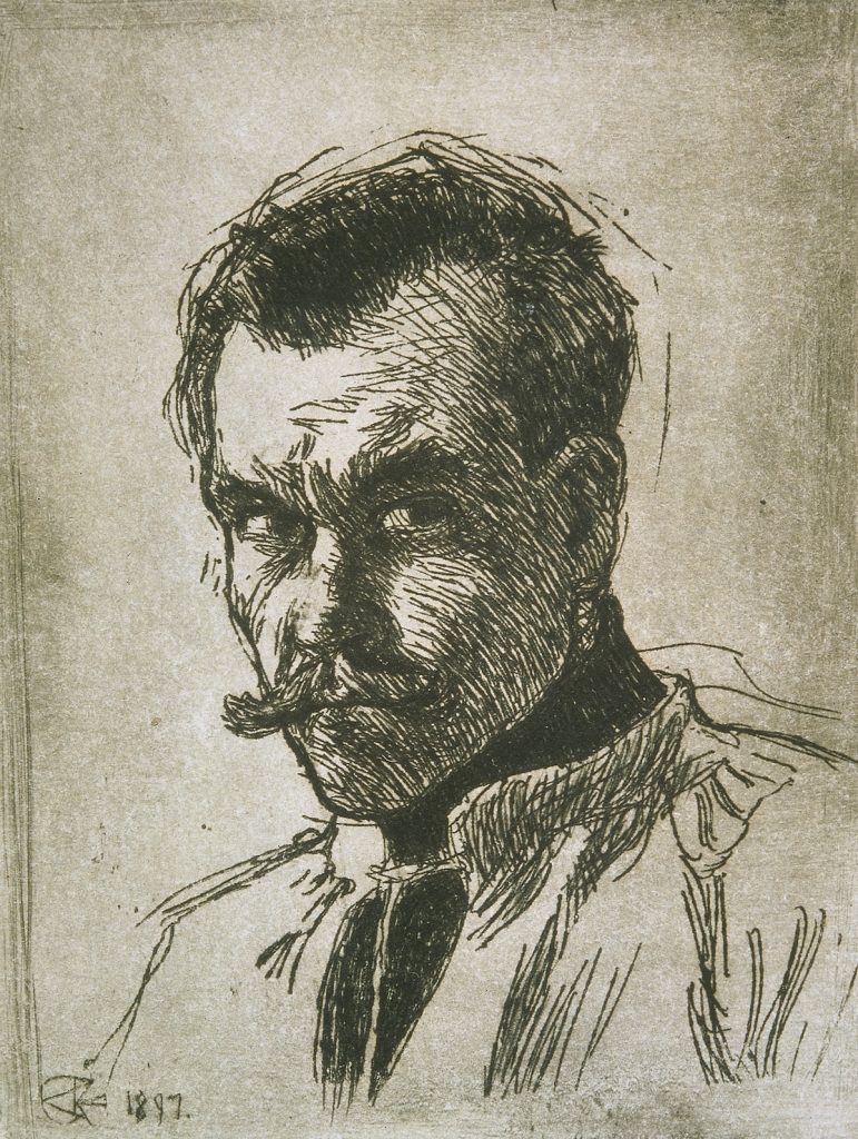 Akseli Gallen-Kallelan omakuva grafiikan vedoksessa.