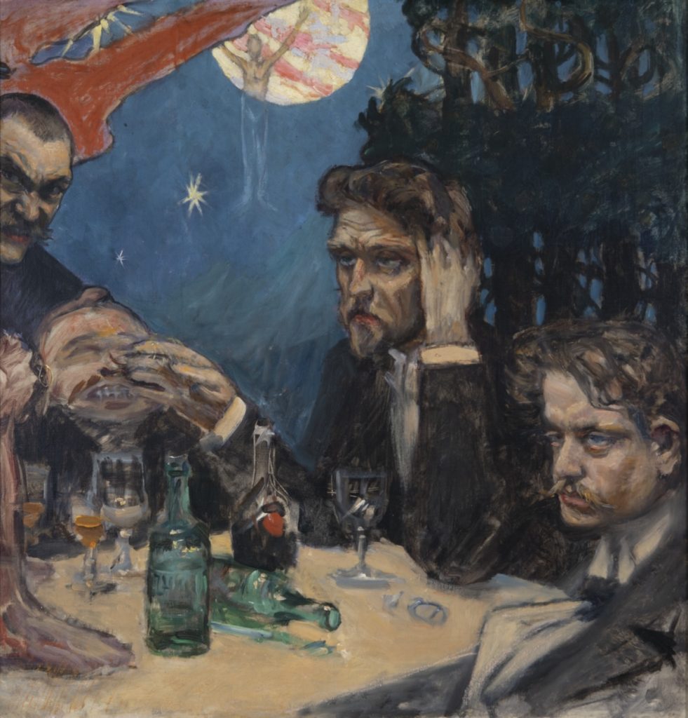 Akseli Gallen-Kallelan maalauksessa neljä miestä istuu päihtyneenä ravintolan pöydässä.