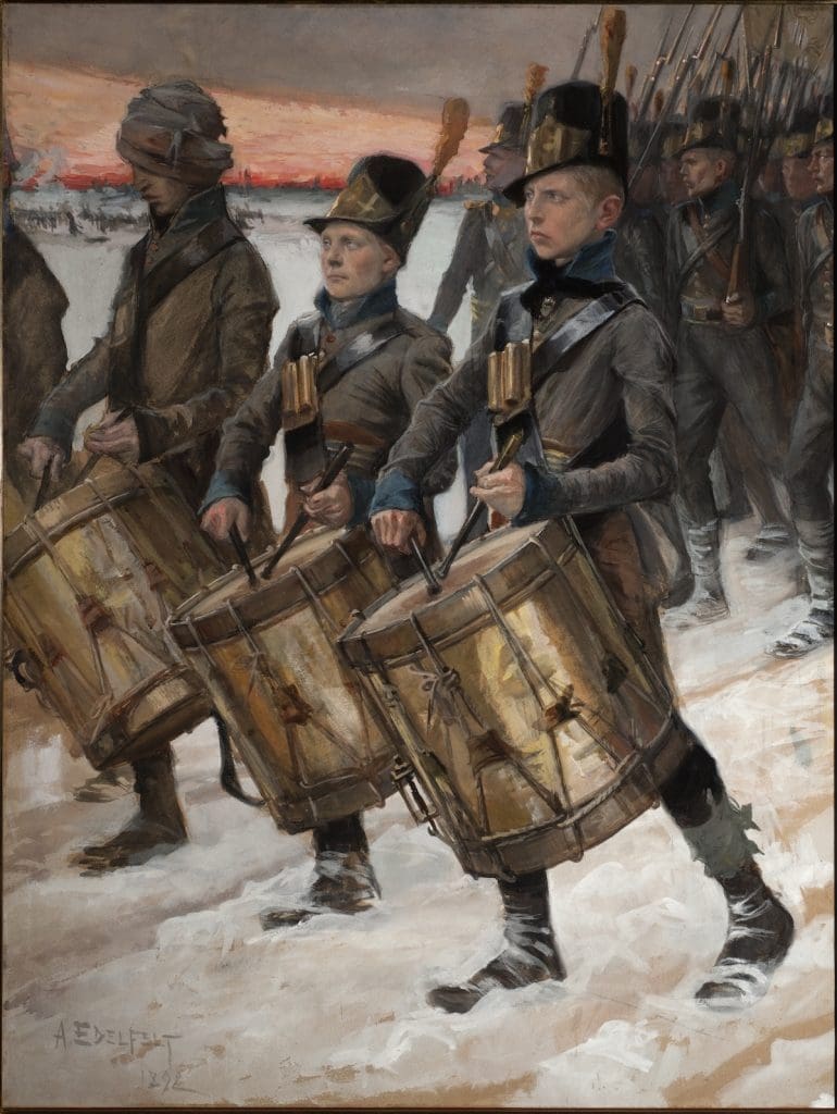 Albert Edelfeltin maalauksessa Suomen sodan sotilaat marssivat ja rummuttavat samalla.