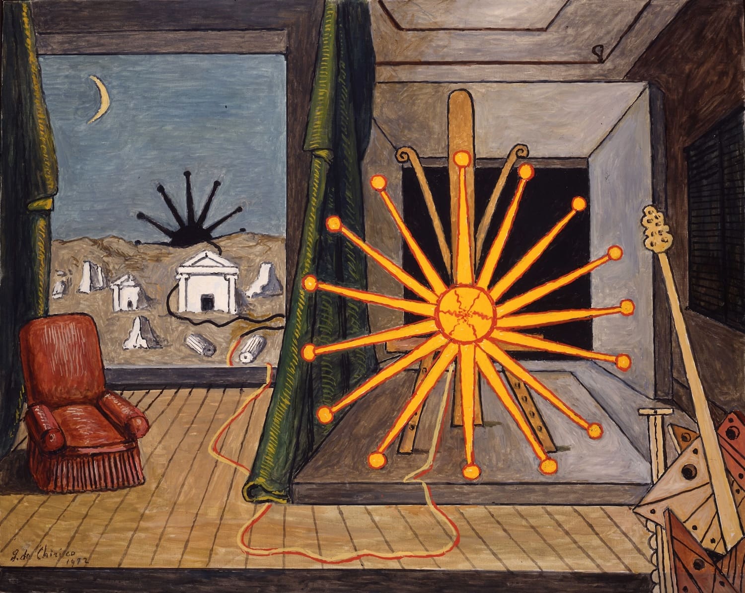 De Chiricon teoksessa surrealistinen näyttämö, jossa on nojatuoli.
