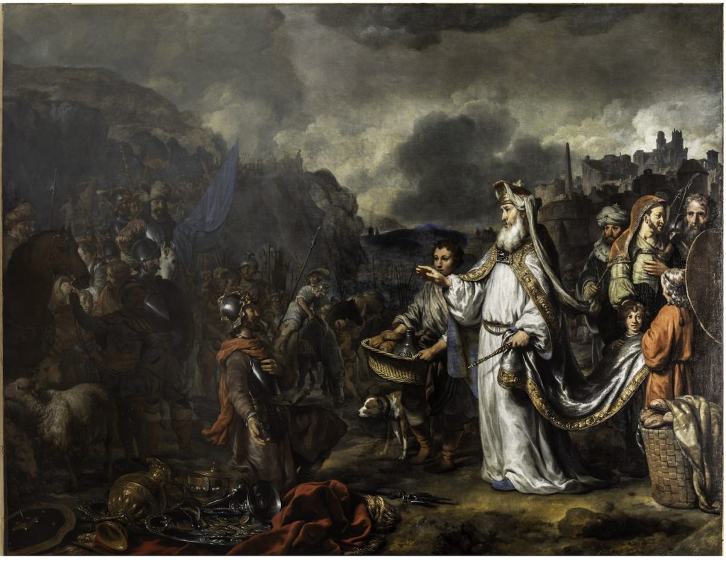 Vanhassa maalauksessa raamatullinen aihe, jossa Abraham kohtaa Melkisedekin.